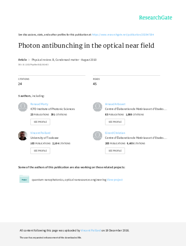 (PDF) Photon antibunching in the optical near field Arnaud Arbouet