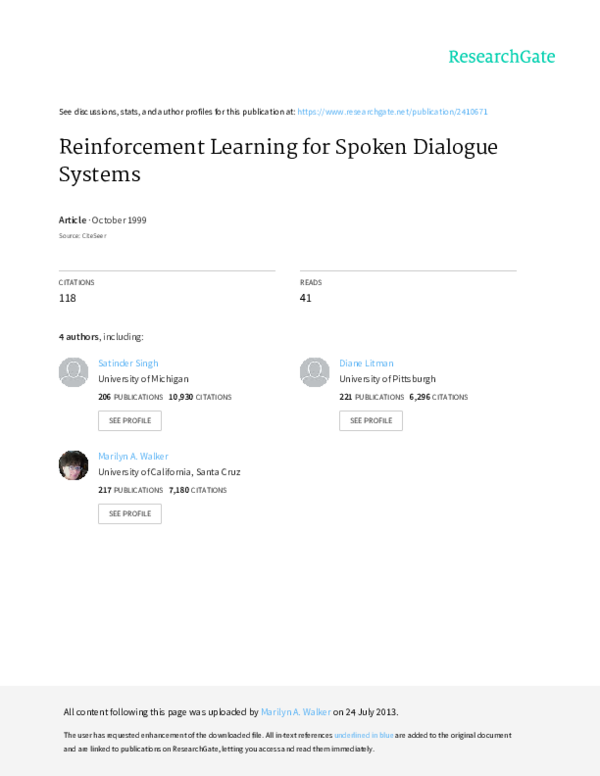 (PDF) Reinforcement learning for spoken dialogue systems