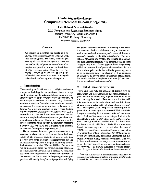 (PDF) Centering, anaphora resolution, and discourse structure