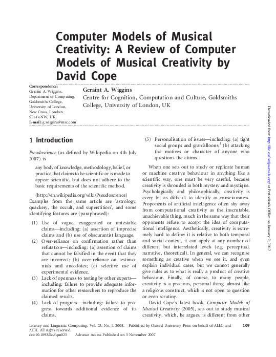(PDF) Computer models of musical creativity a review of computer