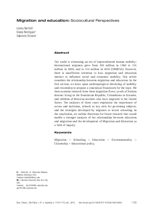 (PDF) Migration and education: Sociocultural Perspectives
