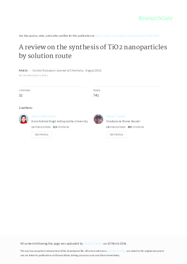 (PDF) A review on the synthesis of TiO 2 nanoparticles by solution route
