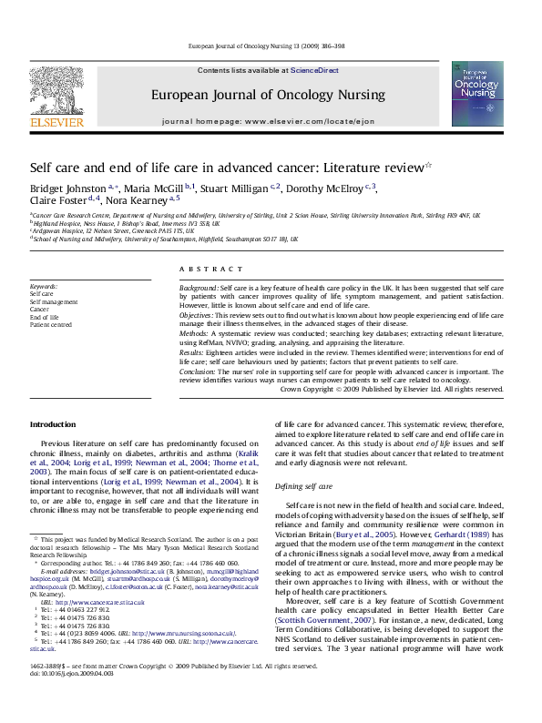 (PDF) Self care and end of life care in advanced cancer: Literature review