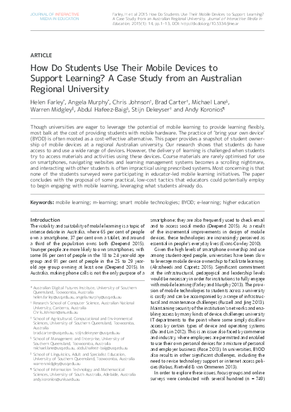(PDF) How Do Students Use Their Mobile Devices to Support Learning? A ...