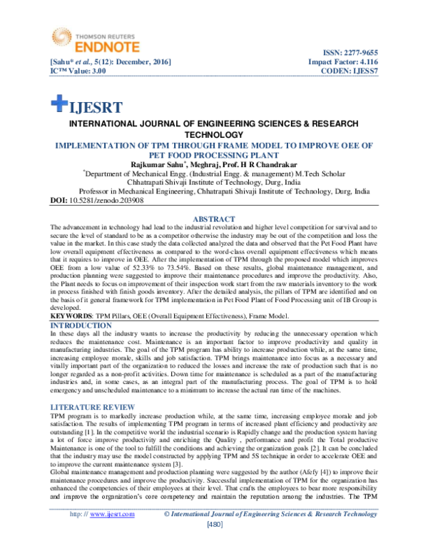 (PDF) IMPLEMENTATION OF TPM THROUGH FRAME MODEL TO IMPROVE OEE OF PET