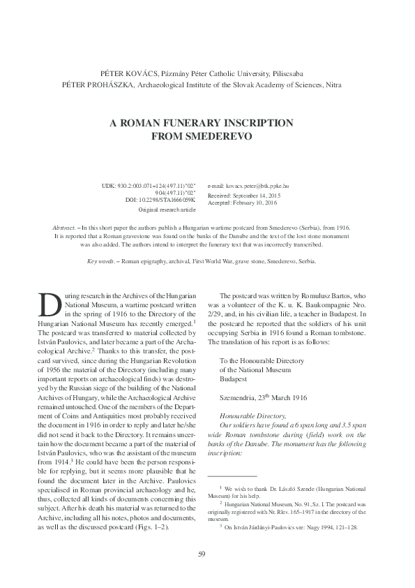(PDF) A ROMAN FUNERARY INSCRIPTION FROM SMEDEREVO
