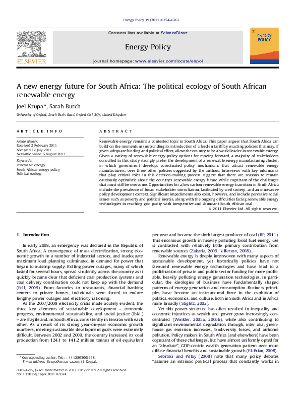 (PDF) A new energy future for South Africa: The political ecology of ...