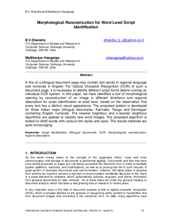 (PDF) Morphological reconstruction for word level script identification