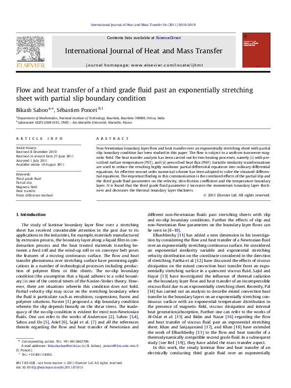 (PDF) Flow and heat transfer of a third grade fluid past an ...