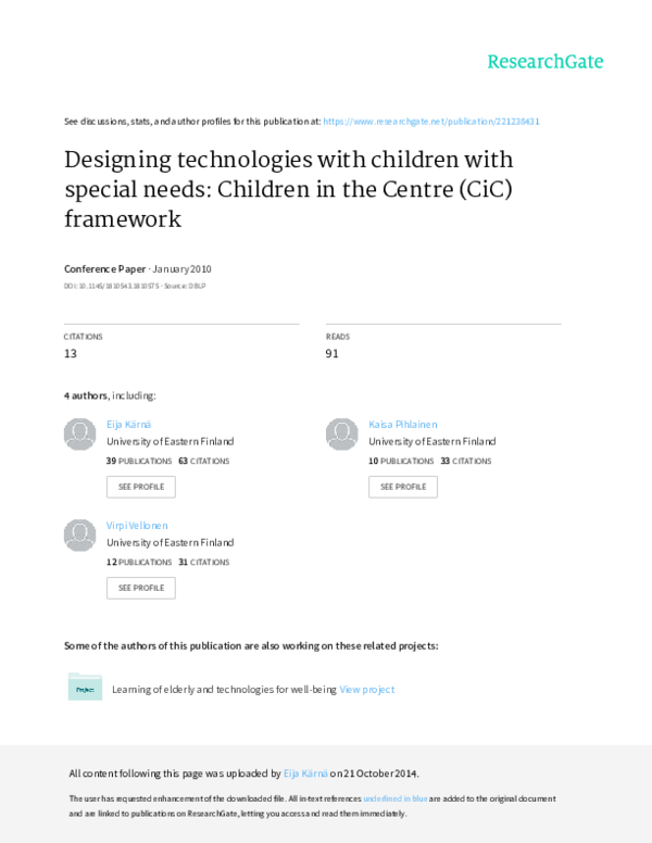 (PDF) Designing technologies with children with special needs: Children ...