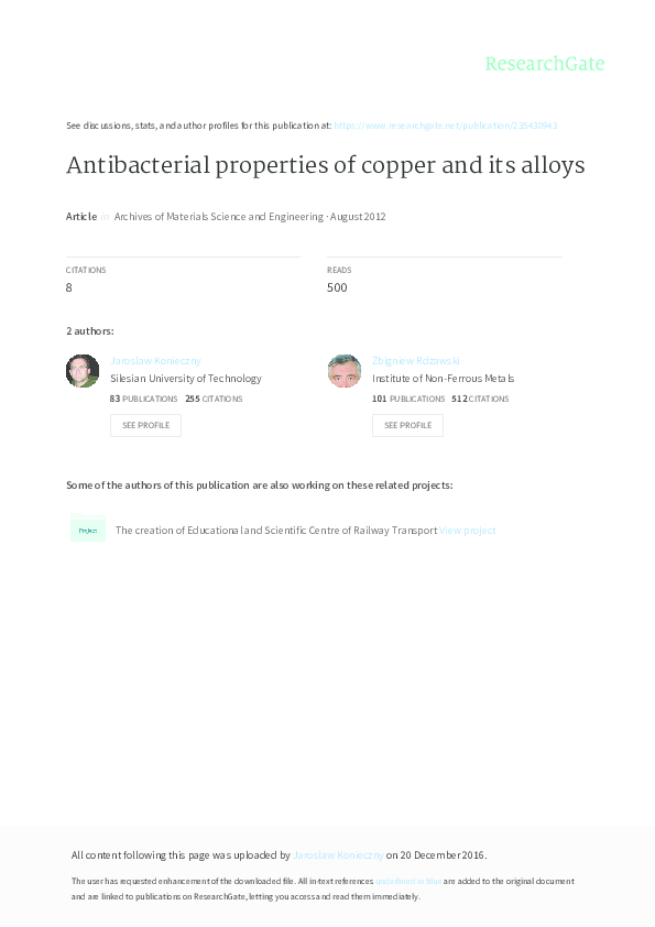 (PDF) Antibacterial properties of copper and its alloys