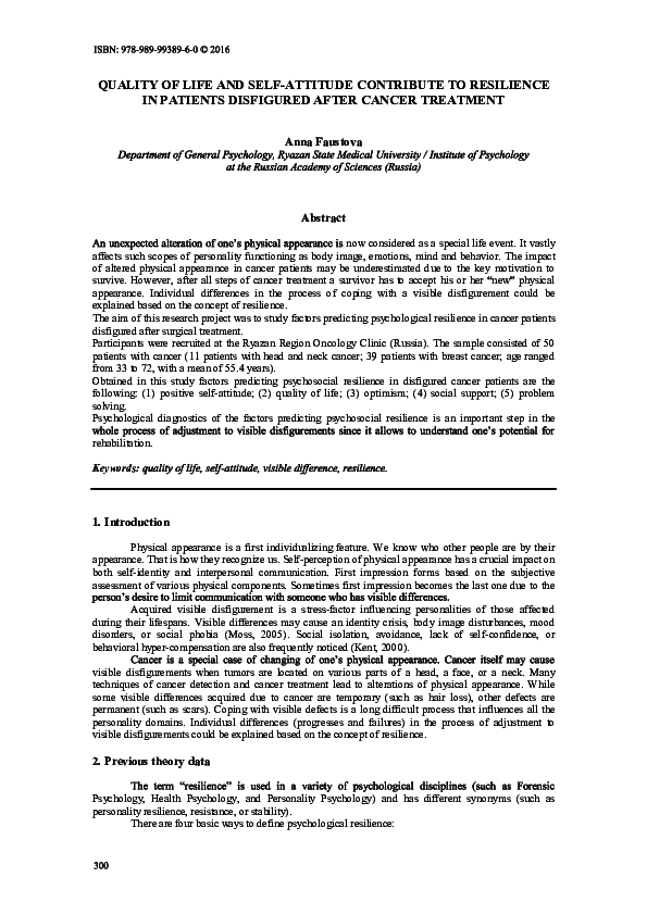 Pdf Quality Of Life And Self Attitude Contribute To Resilience In Patients Disfigured After Cancer Treatment Anna Faustova Academia Edu