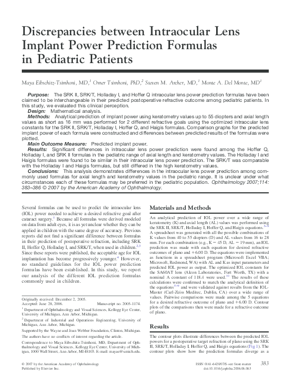 (PDF) Discrepancies between intraocular lens implant power prediction formulas in pediatric
