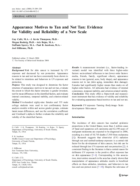 (PDF) Appearance motives to tan and not tan: Evidence for validity and ...