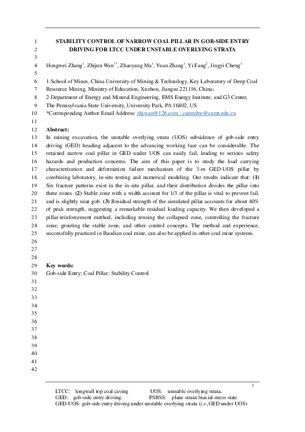 (PDF) STABILITY CONTROL OF NARROW COAL PILLAR IN GOB-SIDE ENTRY 1 ...