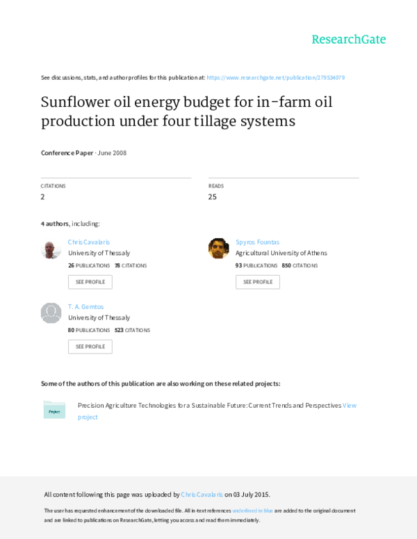 (PDF) Sunflower oil energy budget for infarm oil production under four tillage systems Chris