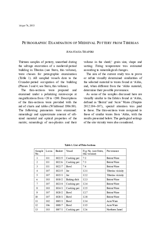 (PDF) Petrographic Examination of Medieval Pottery from Tiberias