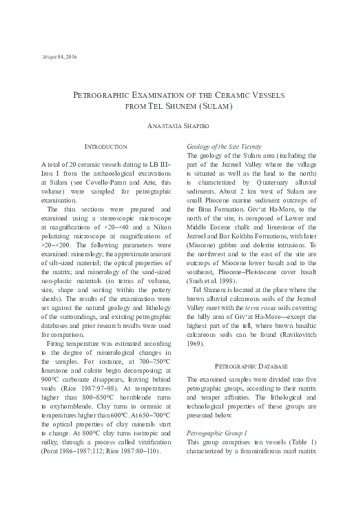 (PDF) Petrographic Examination of the Ceramic Vessels from Tel Shunem
