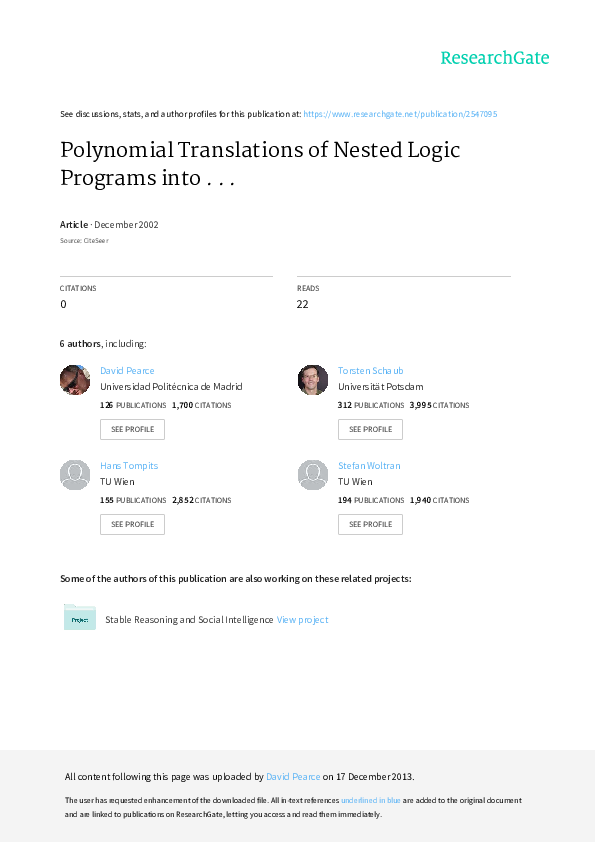 (PDF) Polynomial Translations of Nested Logic Programs into