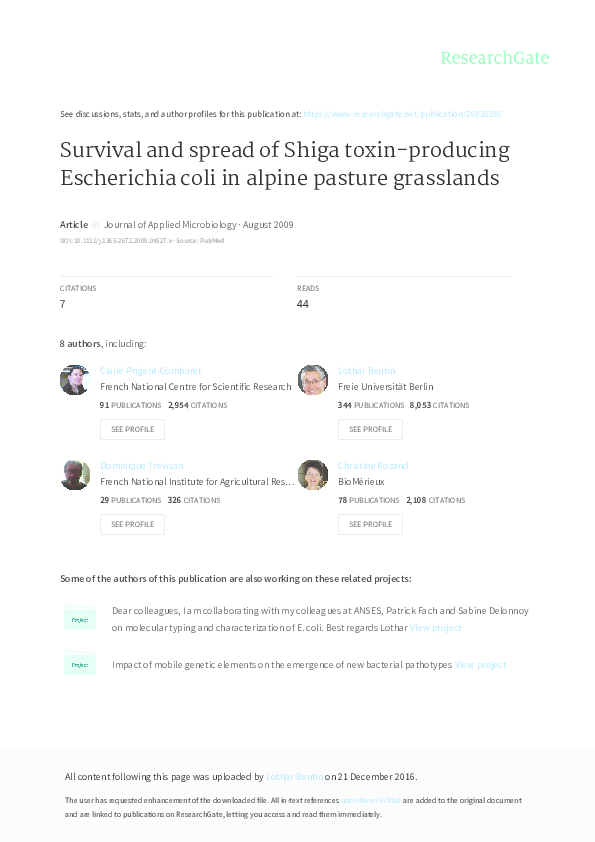 (PDF) Survival and spread of Shiga toxinproducing Escherichia coli in
