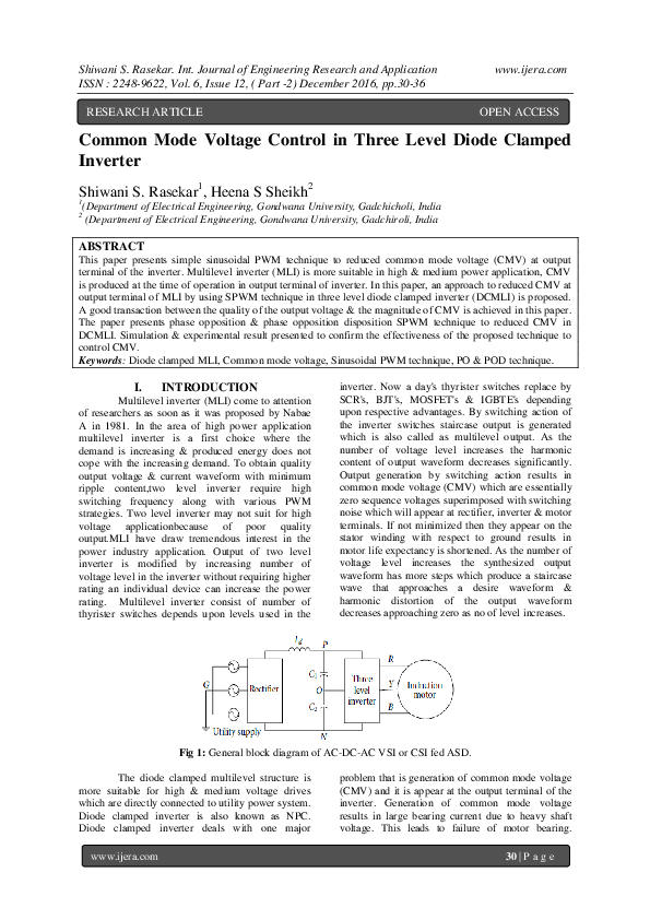 (PDF) Common Mode Voltage Control in Three Level Diode Clamped Inverter