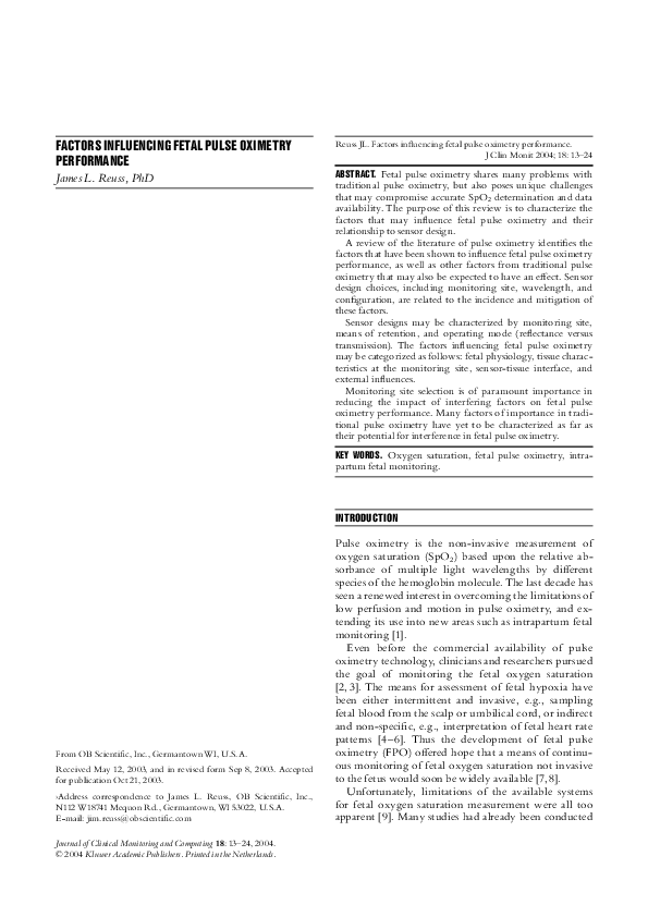 (PDF) Factors influencing fetal pulse oximetry performance James