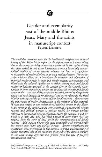 Gender and exemplarity east of the middle Rhine: Jesus, Mary and the saints in manuscript context