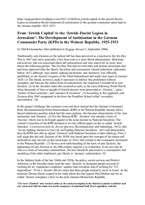 From ‘Jewish Capital’ to the ‘Jewish-Fascist Legion in Jerusalem’: The Development of Antizionism in the German Communist Party (KPD) in the Weimar Republic, 1925-1933