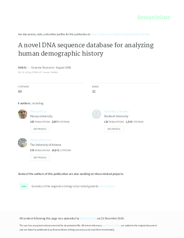 (PDF) A novel DNA sequence database for analyzing human demographic history