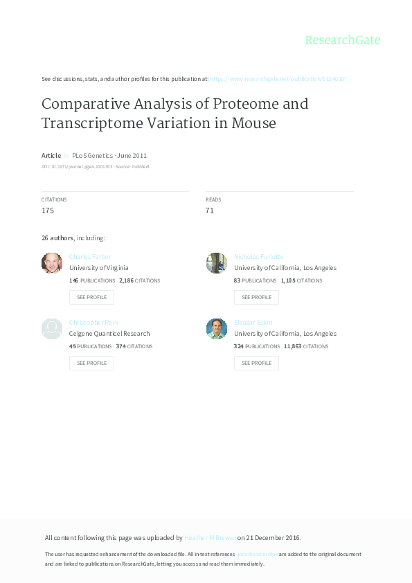 (PDF) Comparative Analysis of Proteome and Transcriptome Variation in Mouse