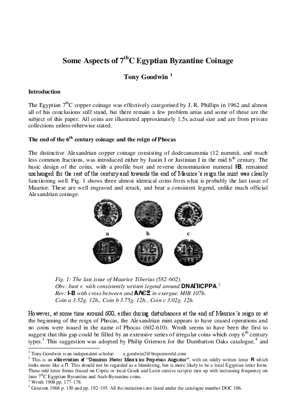 (PDF) Some Aspects of 7 th C Egyptian Byzantine Coinage