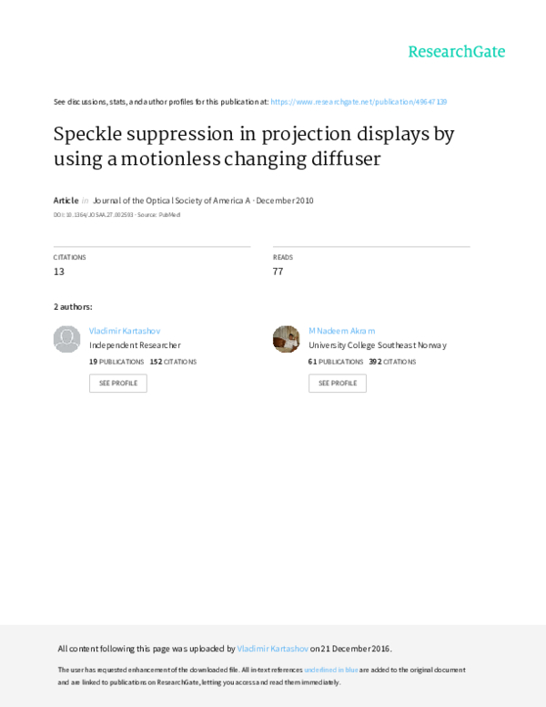 (PDF) Speckle suppression in projection displays by using a motionless