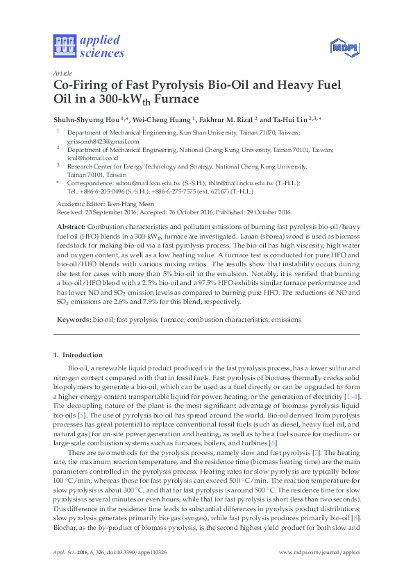 (PDF) Co-Firing of Fast Pyrolysis Bio-Oil and Heavy Fuel Oil in a 300 ...