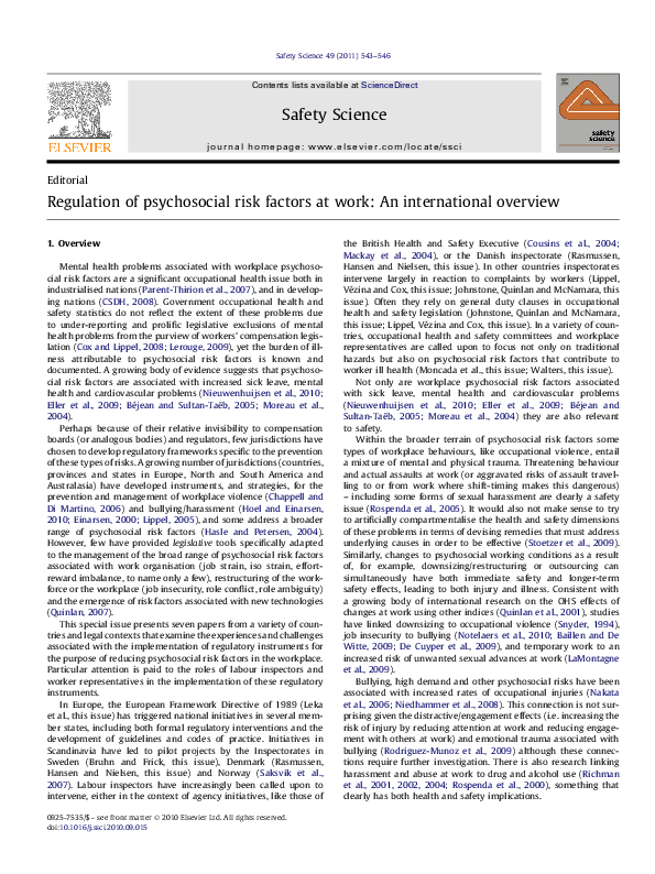 (PDF) Regulation of psychosocial risk factors at work: An international ...