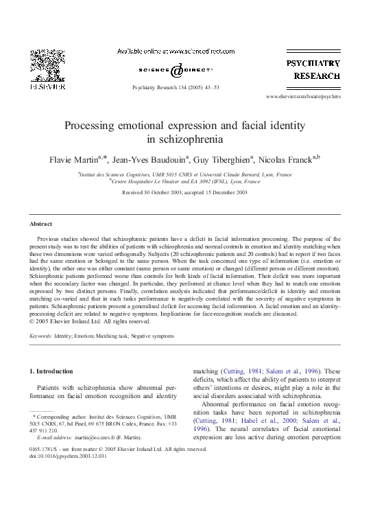 (PDF) Processing emotional expression and facial identity in schizophrenia