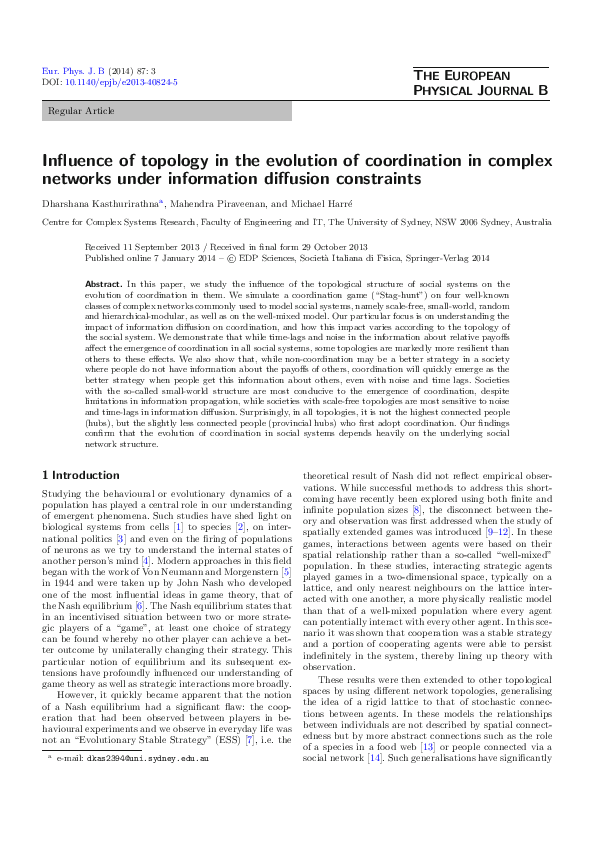 (PDF) Influence of topology in the evolution of coordination in complex ...