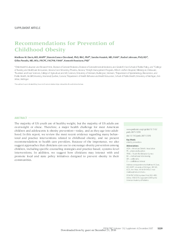 (PDF) Recommendations for Prevention of Childhood Obesity