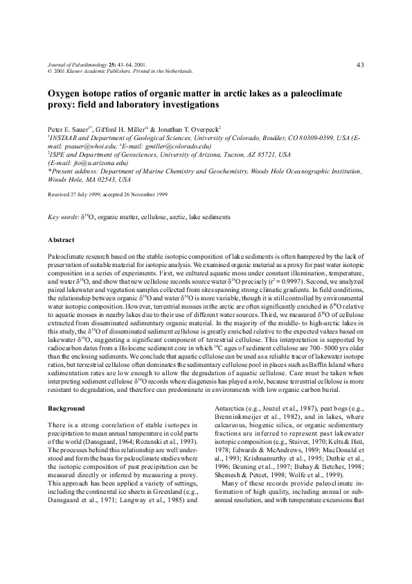 (PDF) Oxygen isotope ratios of organic matter in arctic lakes as a ...