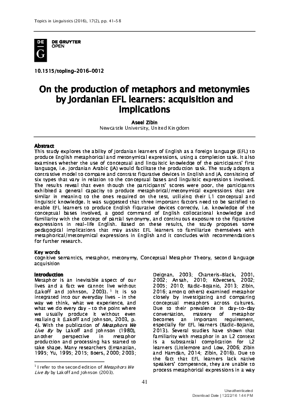 (PDF) On the production of metaphors and metonymies by Jordanian EFL ...