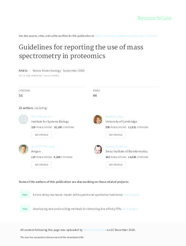 (PDF) Guidelines for reporting the use of mass spectrometry in proteomics