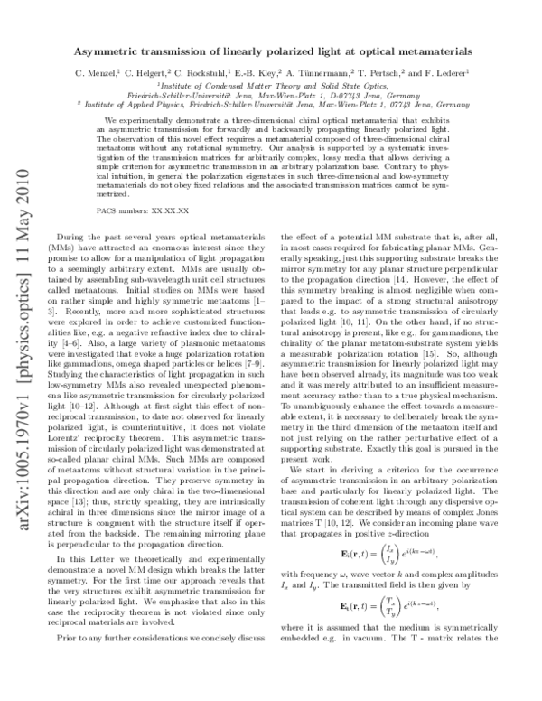 (PDF) Asymmetric Transmission of Linearly Polarized Light through Low ...