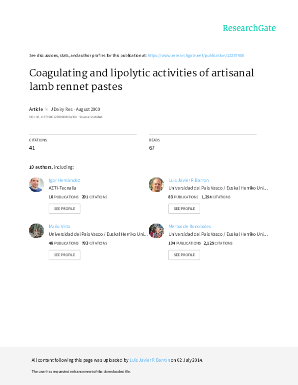 (PDF) Coagulating and Lipolytic Activities of Artisanal Lamb Rennet Pastes