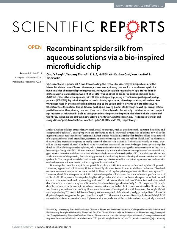 (PDF) spider silk from aqueous solutions via a bioinspired