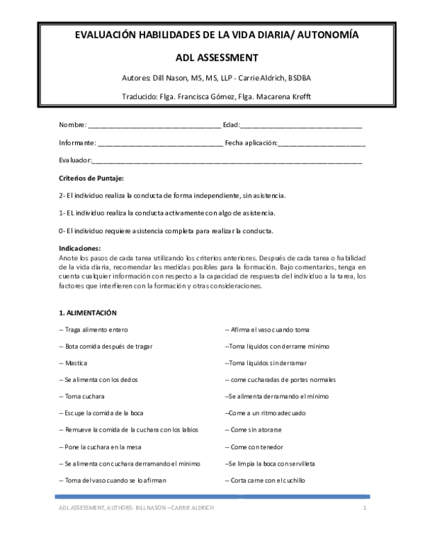 (PDF) ADL Assessment ESPANOL