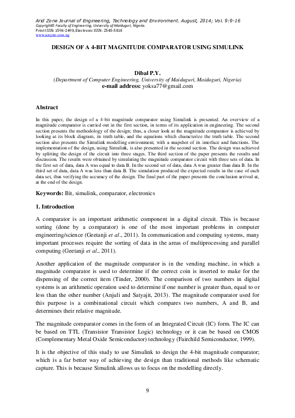 (PDF) DESIGN OF A 4BIT MAGNITUDE COMPARATOR USING SIMULINK ARID ZONE JOURNAL OF ENGINEERING