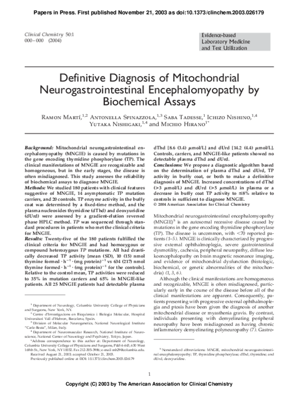 (PDF) Definitive diagnosis of mitochondrial neurogastrointestinal ...