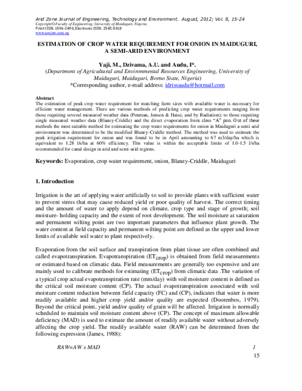 (PDF) ESTIMATION OF CROP WATER REQUIREMENT FOR ONION IN MAIDUGURI, A