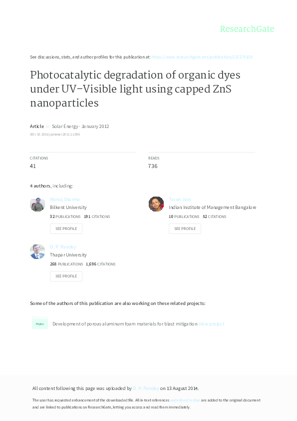 (PDF) Photocatalytic degradation of organic dyes under UV–Visible light ...