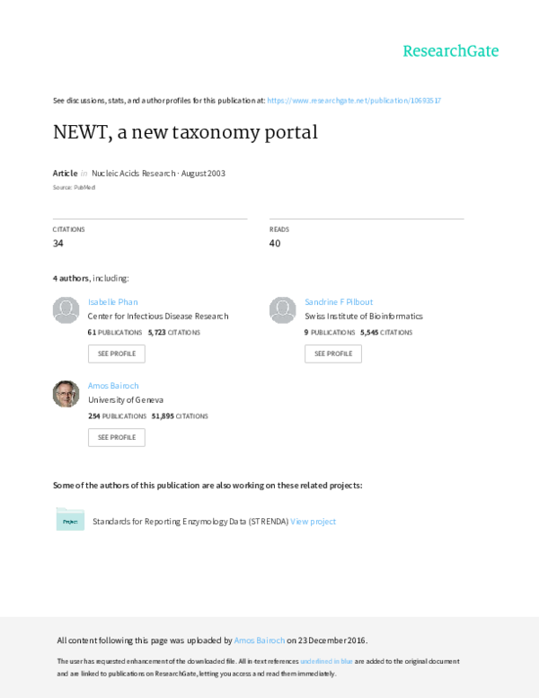 (PDF) NEWT, a new taxonomy portal | Amos Bairoch - Academia.edu