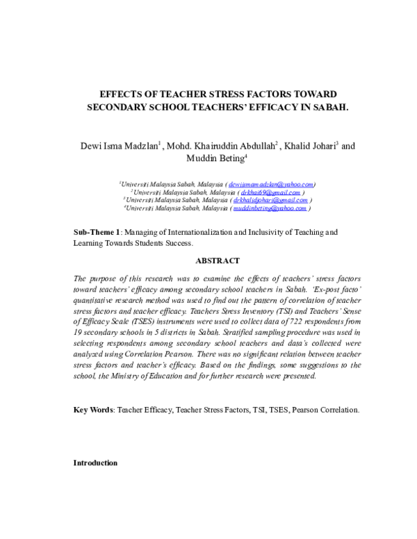 (DOC) EFFECTS OF TEACHER STRESS FACTORS TOWARD SECONDARY SCHOOL ...